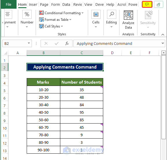 Applying Comments Command in Ribbon to Find Comments in Excel