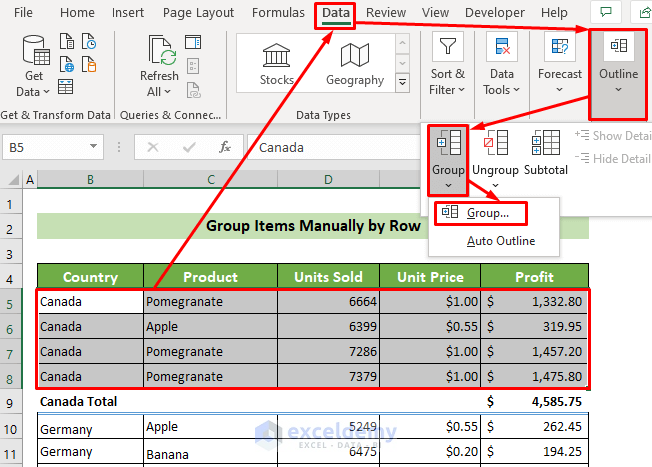 Use Group Command to Group Items in Excel