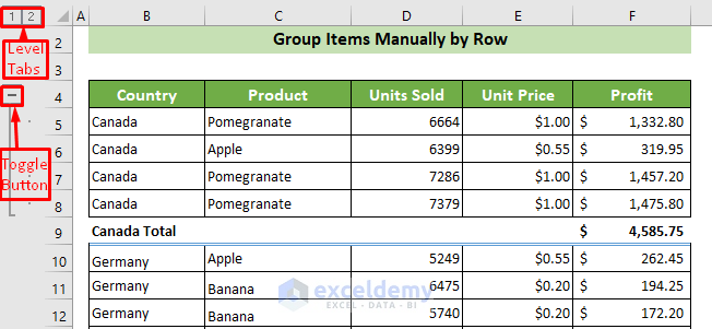 Grouped Items Using Group Command