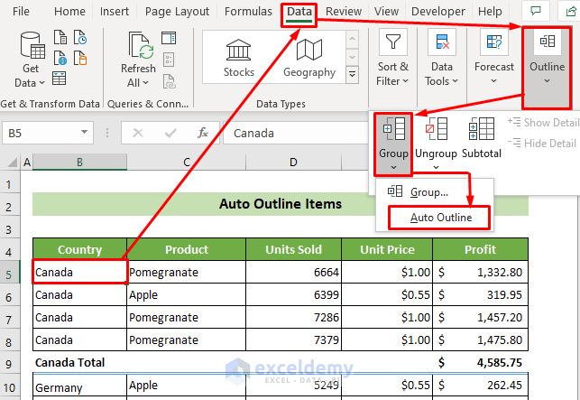 Group Items Using Auto Outline Feature in Excel
