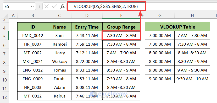 Use VLOOKUP Function to Group Time into Any Intervals