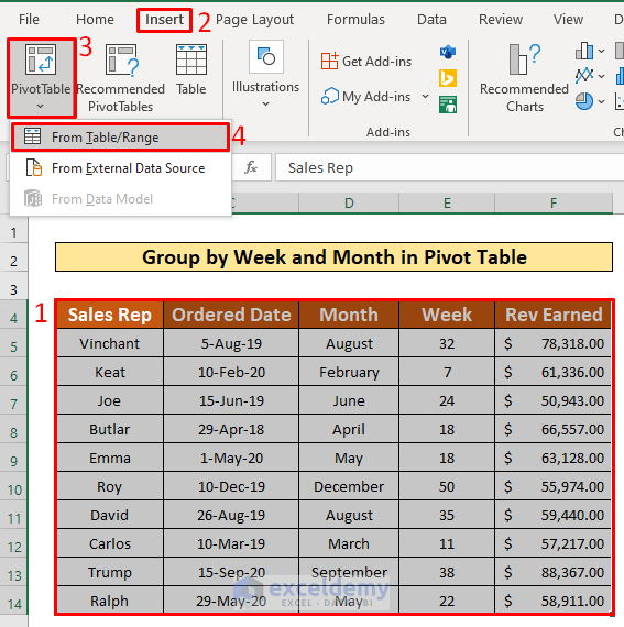 excel pivot table group by week and month