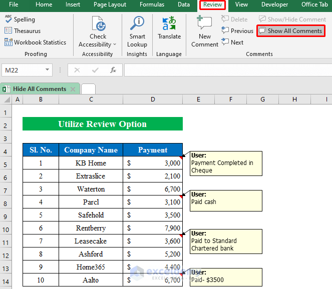 Utilize Review Option to Hide All Comments in Excel