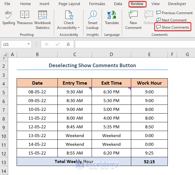 How to Hide Comments in Excel by Deselect Show Comments