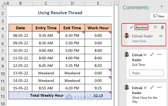 How to Hide Comments in Excel with Resolve Thread