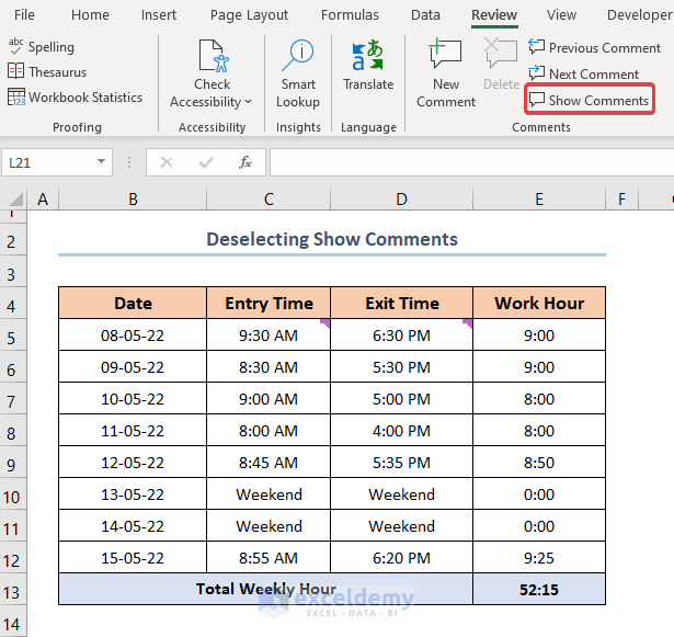 How to Hide Comments in Excel by Deselect Show Comments
