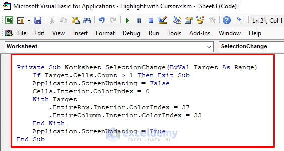 VBA Code for Highlighting Single Row and Column