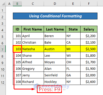 Use Conditional Formatting to Highlight Row and Column of Active Cell with Cursor