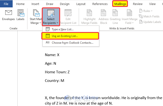 Prepare the Word File and Input the List to Mail Merge Pictures from Excel to Word