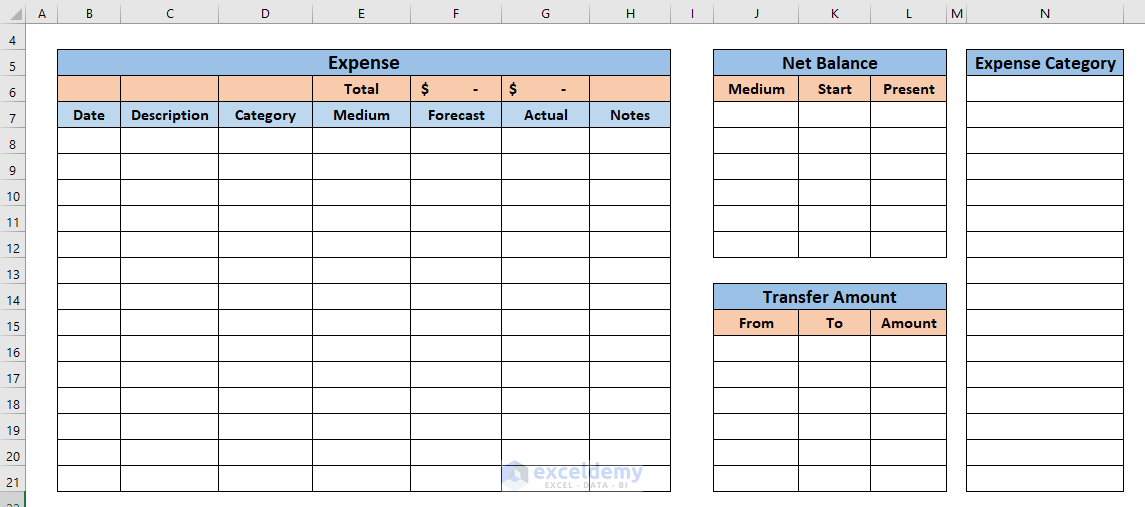 Blank Lay out template to Make Personal Expense Sheet in Excel