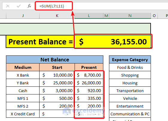 Calculating present balance to Make Personal Expense Sheet in Excel