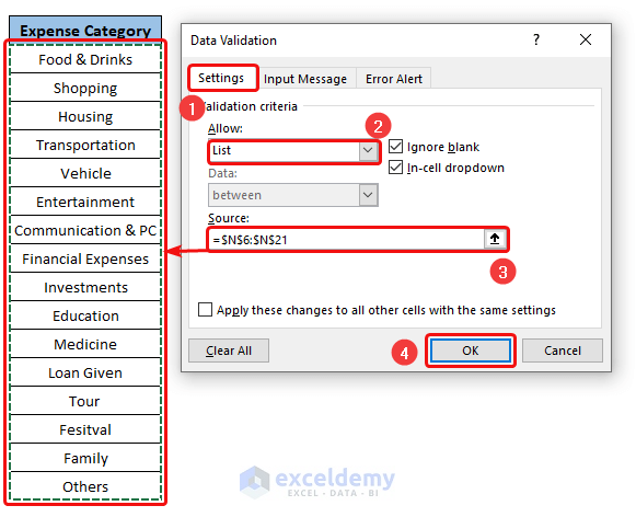 Create Data Validation for Expense Category