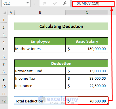 Using SUM Function to Calculate Total Deduction to Make Salary Sheet in Excel with Formula
