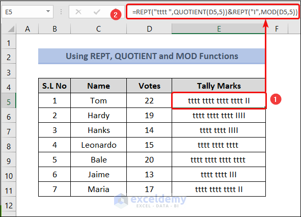 How to Make Tally Marks in Excel Using REPT, MOD, QUOTIENT Function 