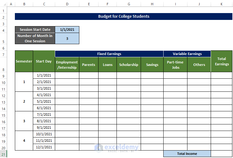 Create Template to Make a Budget in Excel for College Students