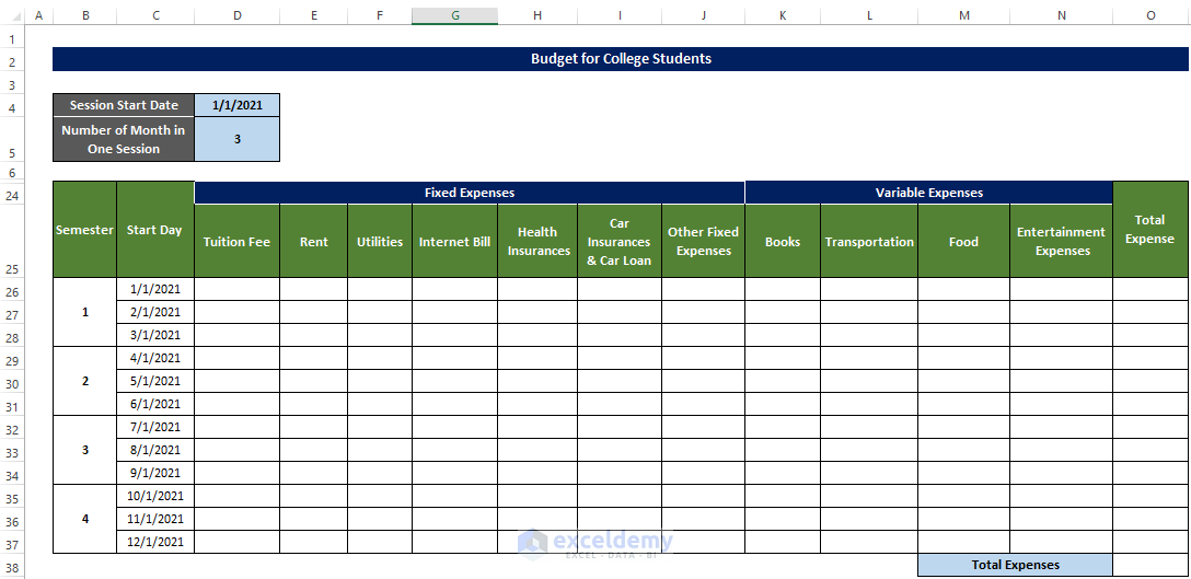 Create Template to Make a Budget in Excel for College Students 