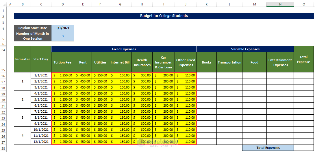 Input All the Fixed Expenses to Make a Budget in Excel for College Students 