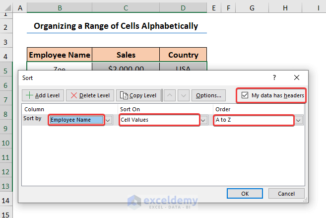 How to Organize Things Alphabetically in Excel in a Range of Cells