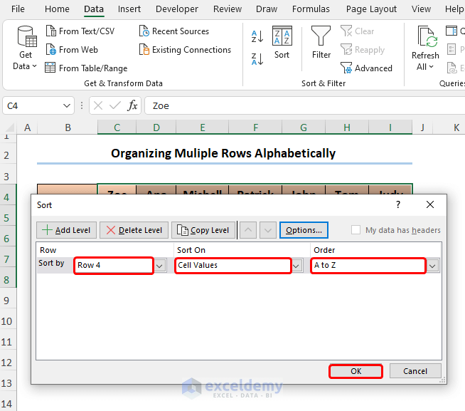 How to Organize Things Alphabetically in Excel by Row