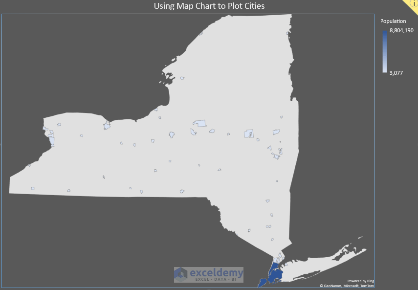 Using Map Chart to Plot Cities on a Map in Excel 