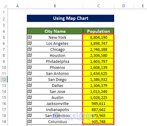 Using Map Chart to Plot Cities on a Map in Excel 