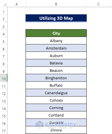 Using 3D Map Chart to Plot Cities on a Map in Excel 