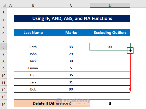 Using Excel IF, AND, ABS, and NA Functions to Erase Outliers in Scatter Plot