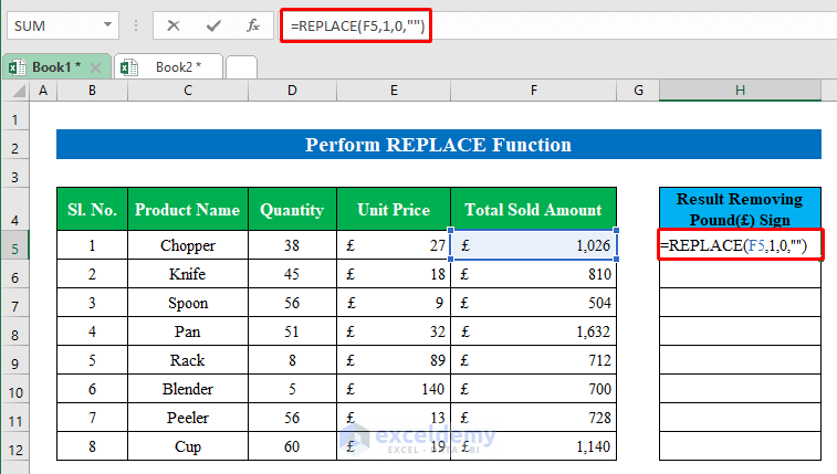 Perform REPLACE Function to Remove Pound Sign in Excel