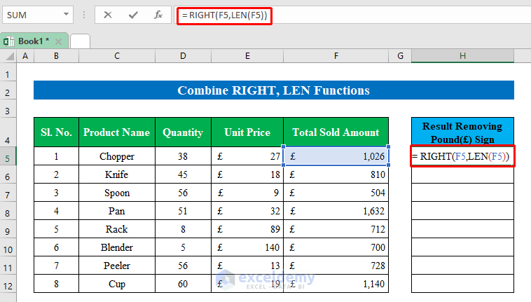 Combine RIGHT, LEN Functions to Remove Pound Sign in Excel