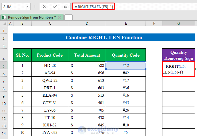 Combine RIGHT, LEN Function to Remove Sign from Numbers in Excel
