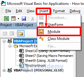 Insert a New Module to Save Macros in Excel Permanently