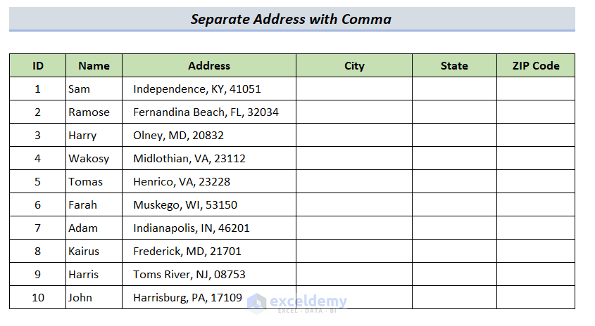 How to Separate Address in Excel with Comma