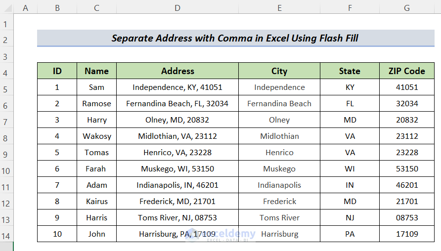 Flash Fill Feature to Separate Address in Excel