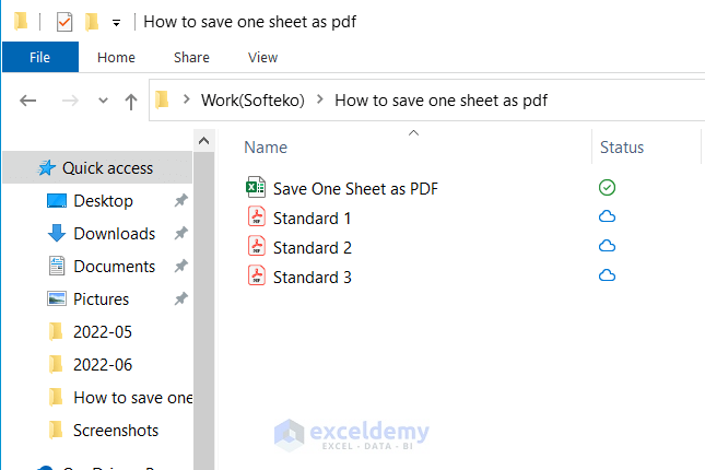 'This Code Can be Used to Save Multiple Sheets In a Workbook Separately As Pdf Sub SaveOneSheetPDF() 'We are defining ActSheet Dim ActSheet As Worksheet 'We call the For Each function to run a loop for all the Sheets in the Workbook For Each ActSheet In Worksheets 'We call ActSheet.ExportAsFixedFormat to save each sheet as pdf 'The destination path of the pdf inthis code will as same as the workboook path 'You can Change the destination path by changing 'Application.ActiveWorkbook.Path & "\"' 'For example if you want to save it in desktop change it to 'Environ("Userprofile") & "\Desktop\"' 'Actsheet.Name saves pdf in same names as its worksheet name ActSheet.ExportAsFixedFormat xlTypePDF, Application.ActiveWorkbook.Path & "\" & ActSheet.Name Next ActSheet End Sub