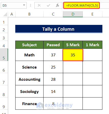 Calculate 5 Multiple Mark and Remainder Values to Tally a Column in Excel 
