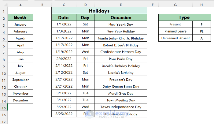 List of holidays