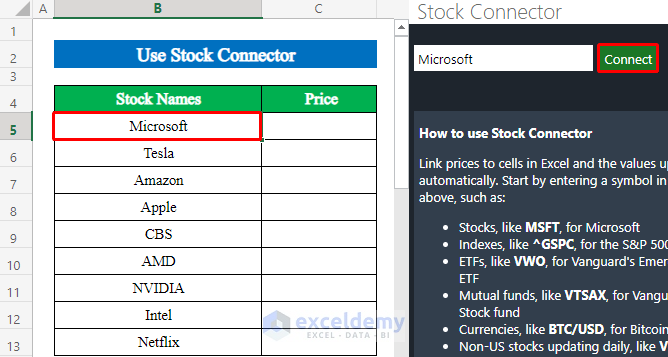 Use Stock Connector Option to Track Stock Prices in Excel