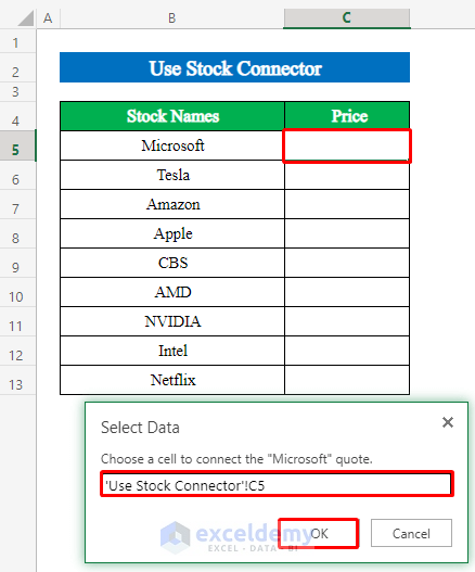 Use Stock Connector Option to Track Stock Prices in Excel