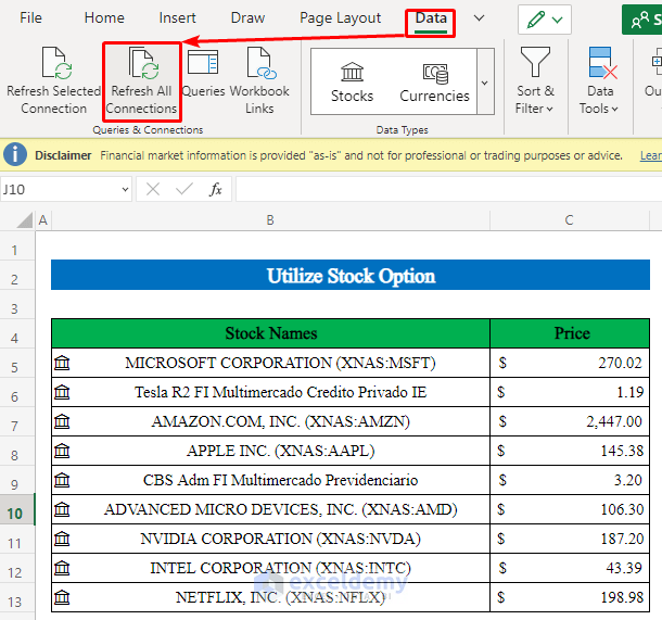 Utilize Stock Option to Track Stock Prices in Excel