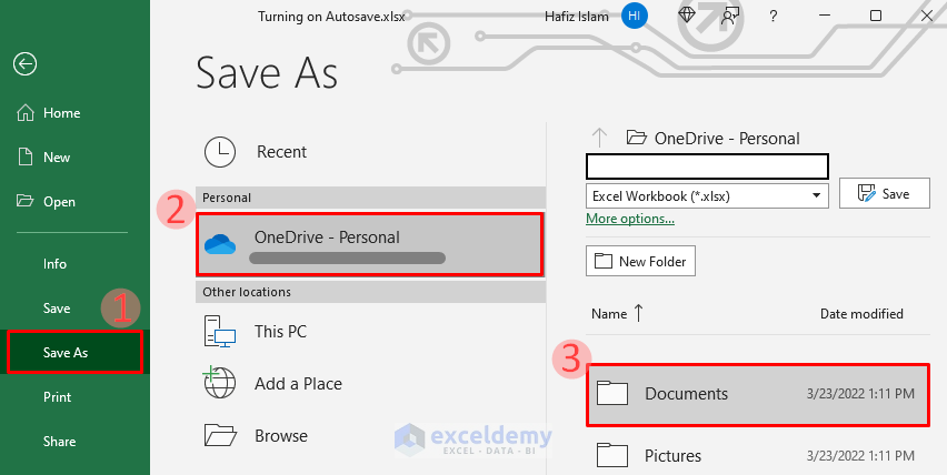 Turning On AutoSave by Saving File to OneDrive or SharePoint