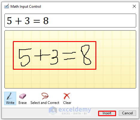 Apply Ink Equation Command to Type Math Symbols in Excel