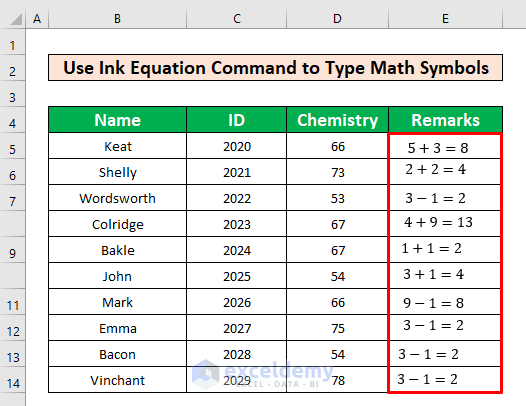 Apply Ink Equation Command to Type Math Symbols in Excel