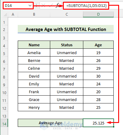 Calculate Average Age with Excel SUBTOTAL Function