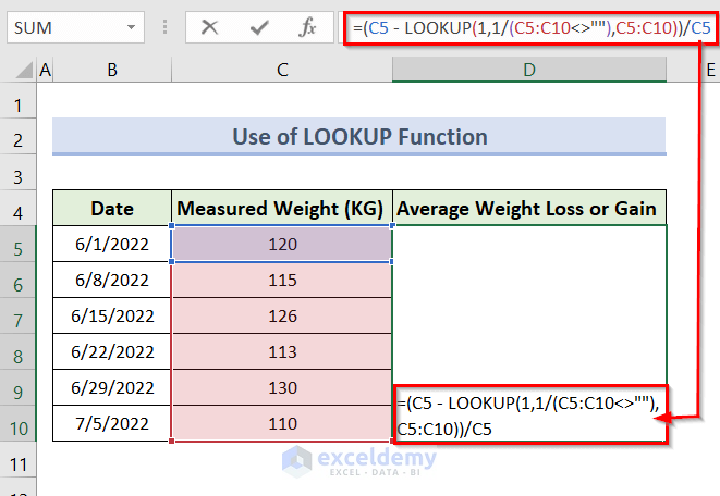Calculate Weight Loss or Gain with Excel LOOKUP Function