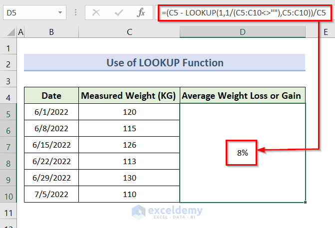 Calculate Weight Loss or Gain with Excel LOOKUP Function