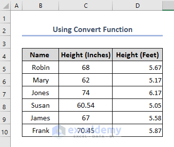 Convert Inches to Feet with CONVERT Function