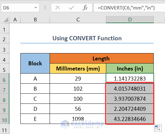 Using convert function mm to in