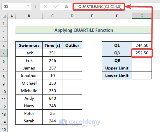 Applying QUARTILE Function in Excel