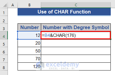Excel CHAR Function to Insert Degree Symbol