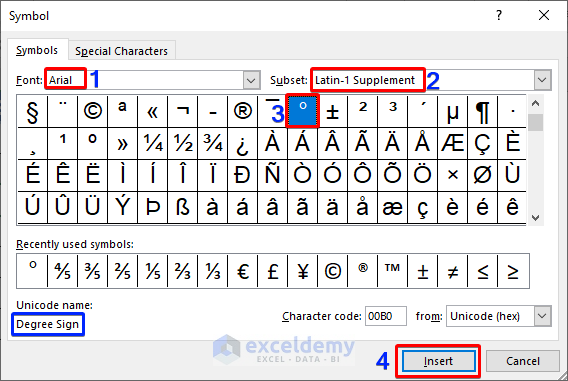 Insert Degree Symbol Using Built-in Feature in Excel